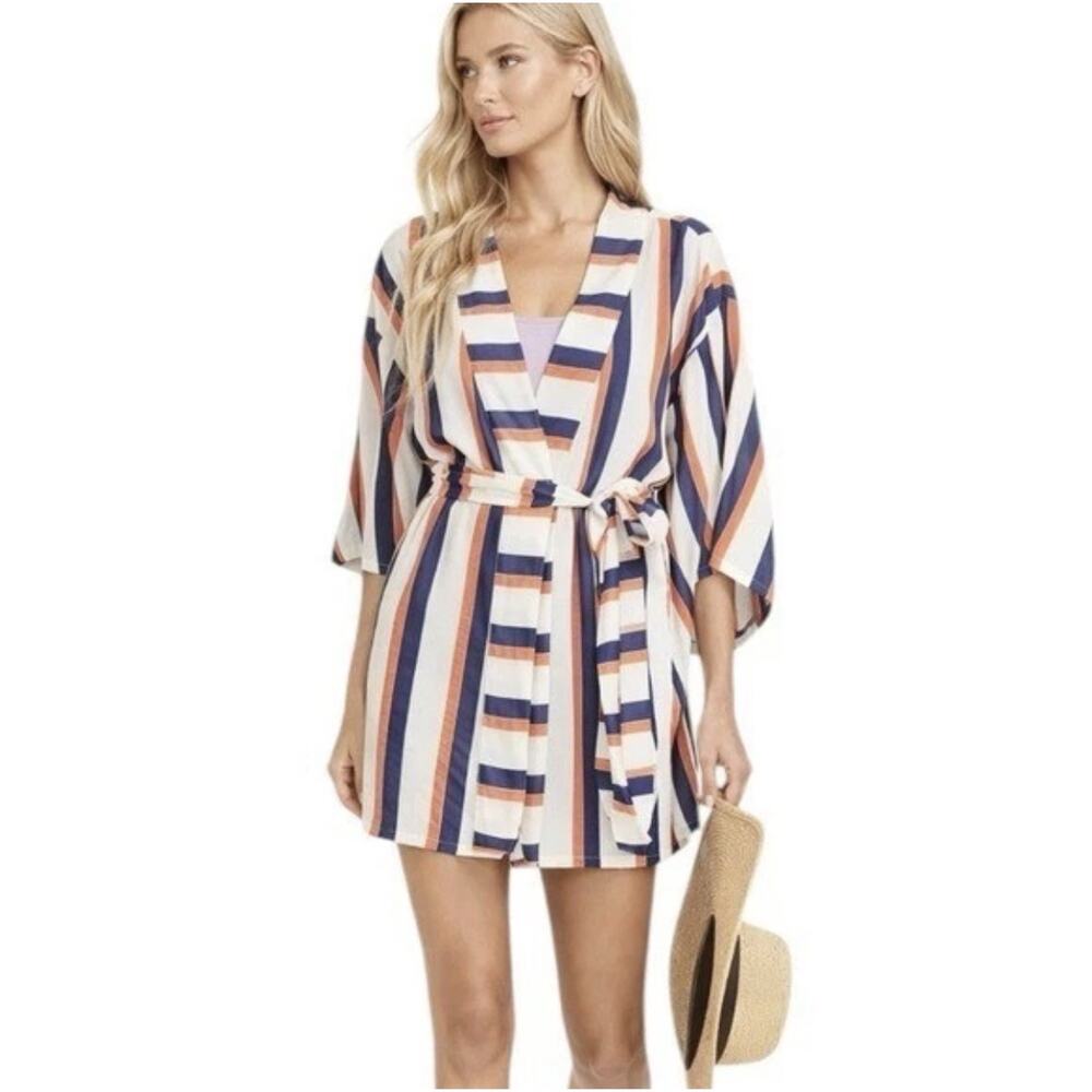 Onia Gina Kimono Womens one Size Striped Woven Viscose Blend Beach Cover Up